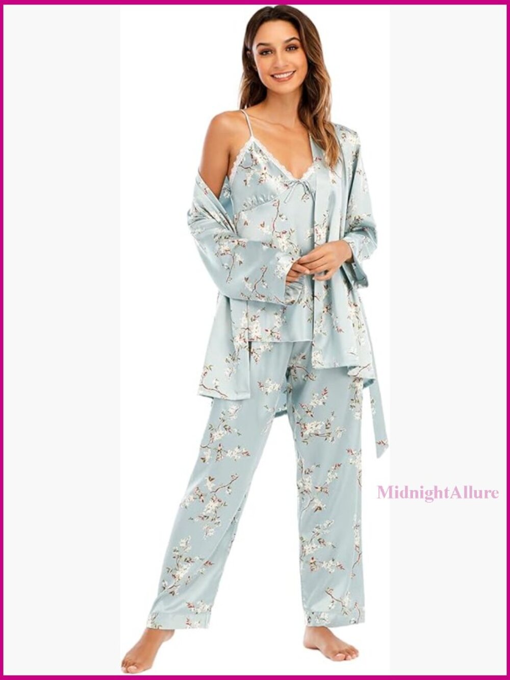 Women's 3pc Silk Pajama Set Cami Robe Pants Sleepwear